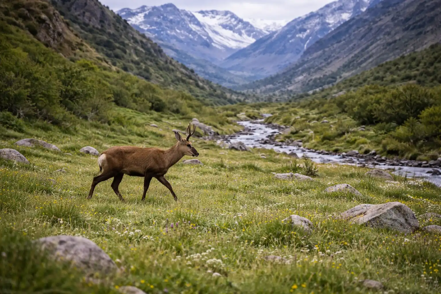 Huemul macho adulto en quebrada andina nevada, hábitat histórico en la cordillera de Chile central